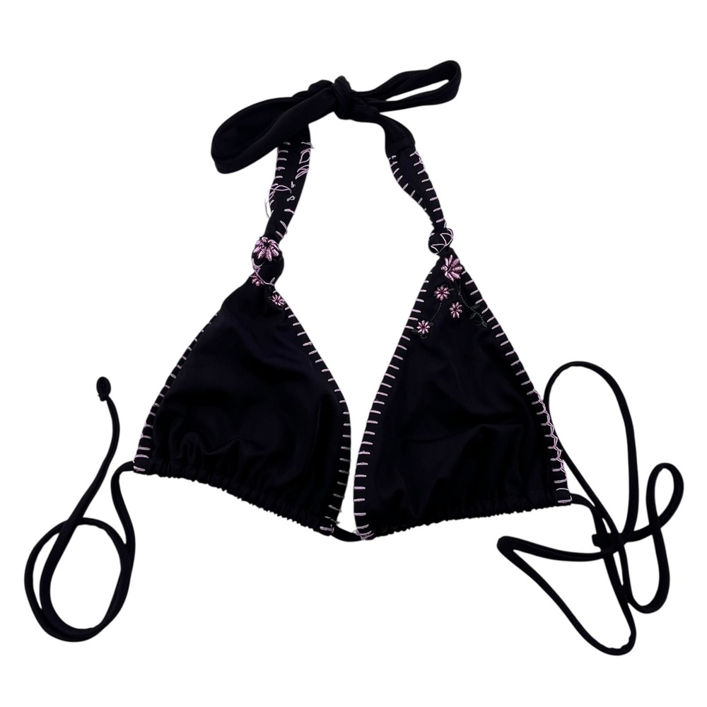 Frankies Bikinis Black Pink Floral Embroidered Triangle Halter Bikini Top Large